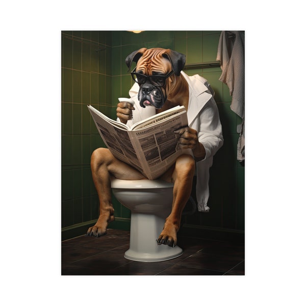 Boxer, lire le journal, toilettes, chiens, salle de bain, mignon, rigolo, poster mural, décoration murale, cadeau, poster