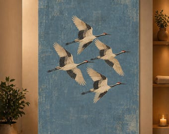 Crane Wall Art Vintage Japanese Bird Poster Blue Flying Birds Nature Print Asian Inspired Decor