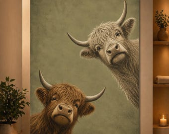 Two Curious Highland Cows Poster, Vintage Highland Cow Wall Art, Funny Cow Print, Dark Academia Animal Decor, Quirky Cow Poster