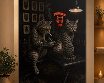 Funny Tabby Cat Tattoo Shop Poster, Realistic Cat Wall Art, Purrmanent Ink Print, Grungy Animal Poster, Cat Lover Gift