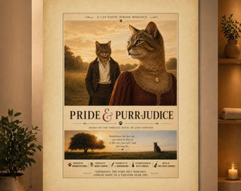 Pride  PurrJudice Cat Poster, Funny Jane Austen Inspired Literary Cat Wall Art, Regency Period Romance Print, Book Lover Gift