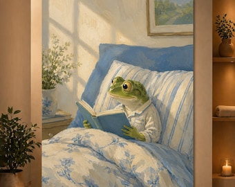 Cozy Frog Reading in Bed Poster, Frog in Pajamas Wall Art, Whimsical Bedroom Print, Cute Animal Reading Decor