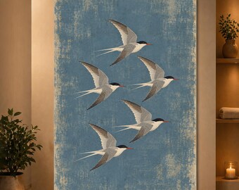Tern Wall Art Vintage Flying Bird Poster Blue Coastal Nature Print Retro Avian Decor