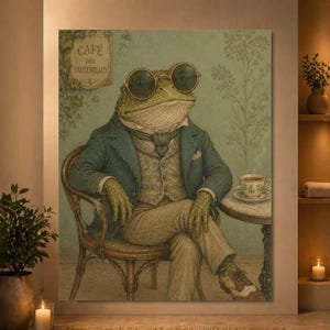 May include: A wall art print featuring a green toad wearing round glasses, a dark blue blazer, a patterned vest, and light trousers. The toad sits in a wooden chair next to a small table with a teacup. A sign reads CAFÉ DES SAUTERELLES.