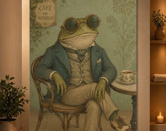 Vintage Gentleman Frog Cafe Poster, Whimsical Frog Wall Art, Dapper Toad Tea Print, Cottagecore Animal Decor