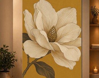 Magnolia Wall Art Cream Flower on Mustard Yellow Vintage Botanical Poster Floral Decor