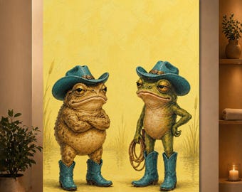 Cowboy Frog and Toad Poster, Funny Western Swamp Wall Art, Pastel Yellow Animal Print, Whimsical Cowboy Decor