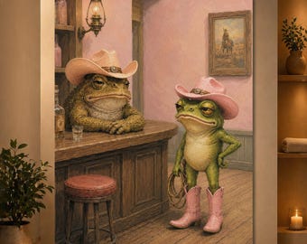 Cowboy Frog and Toad Saloon Poster, Funny Western Animal Wall Art, Pastel Pink Frog Print, Quirky Saloon Decor