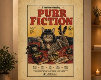 Purr Fiction Cat Poster, Funny Cat Crime Movie Poster, Vintage Noir Cat Wall Art, Retro Pulp Cat Print, Cat Lover Gift