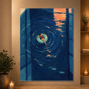 May include: A rectangular wall art print depicting a person in a red swimsuit floating on a light blue circular tube in deep blue water. The water features concentric ripples and a reflection of a warm orange sunset on the surface.