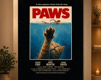 PAWS Cat Movie Poster, Funny Ocean Thriller Wall Art, Vintage Cat Poster, Orange Tabby Print, Retro Animal Cinema Decor