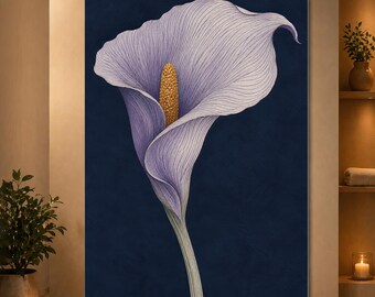 Lavender Calla Lily Wall Art Navy Blue Botanical Poster Purple Flower Print