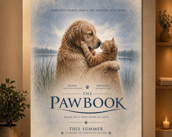 The Pawbook Poster, Funny Cat and Dog Romance Movie Poster, Golden Retriever Wall Art, Orange Tabby Print, Pet Lover Gift