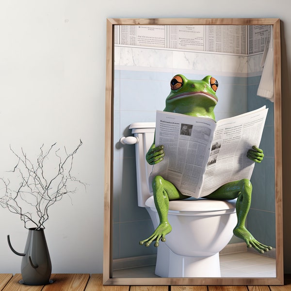 Frog, Toad, Toilet, Reading, Newspaper, Wall Decor, Funny Bathroom, Animal Print, Home Printables, Digital Art, Instant Download