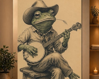 Cowboy Frog Playing Banjo Poster, Vintage Western Frog Wall Art, Funny Country Music Animal Print, Rustic Frog Decor