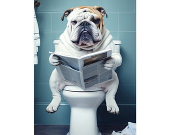 English Bulldog, Reading Newspaper, Toilet, Funny, Cute, Wall Poster, Wall Decor, Dog Lover Gift, Poster, Puppy
