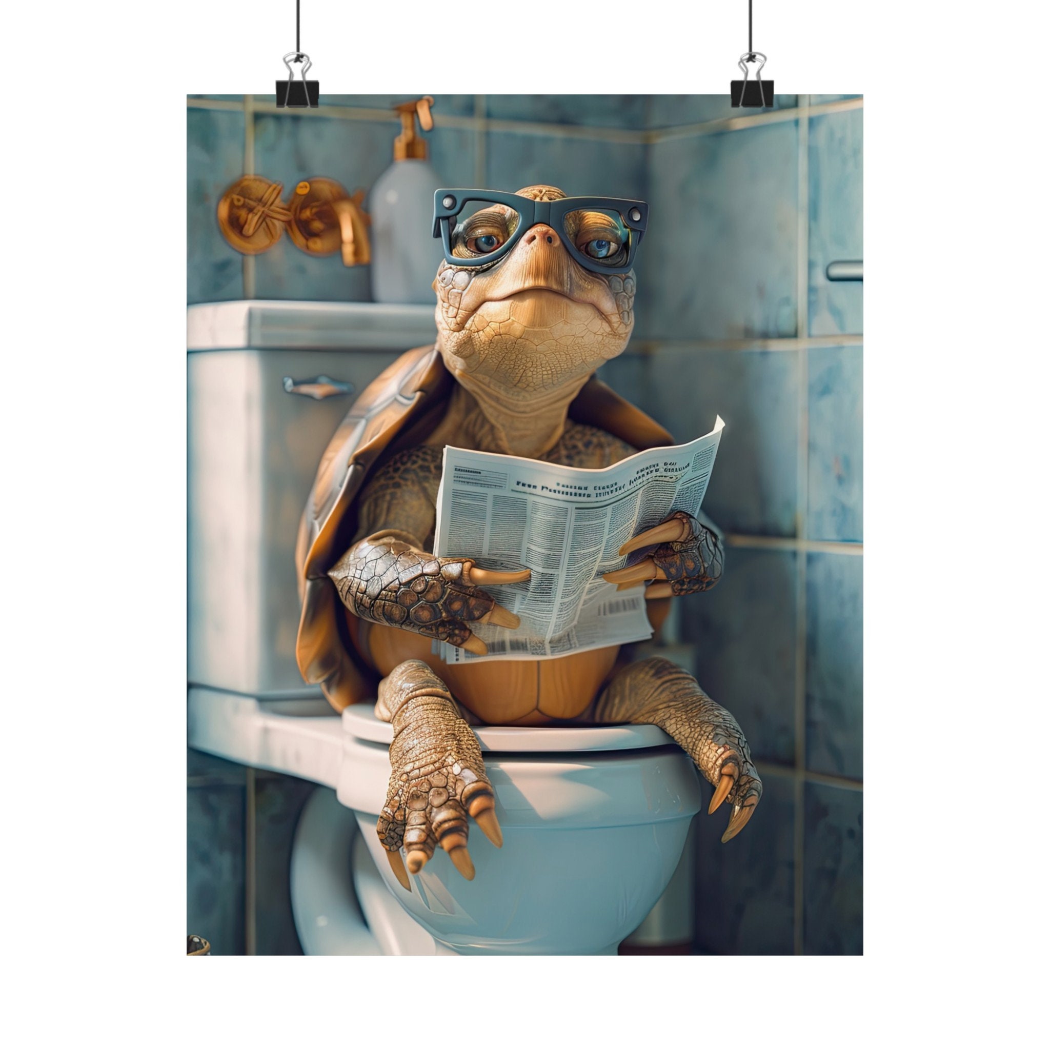 Tortoise, Turtle, Reading Newspaper on Toilet, Funny, Cute, Wall Poster, Wall Decor,  Gift, Poster