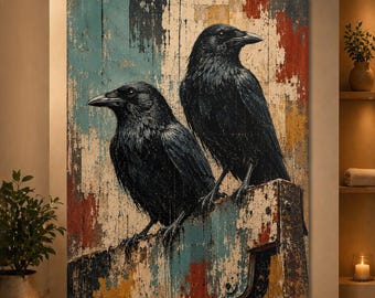 Two Crows Poster, Rustic Raven Wall Art, Moody Black Bird Print, Gothic Farmhouse Animal Decor