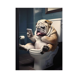 Englische Bulldogge, Lesen Telefon auf Toilette, Lustig, Niedlich, Wand Poster, Wand Dekor, Hunde Liebhaber Geschenk, Welpe