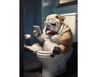 English Bulldog, Reading Phone on Toilet, Funny, Cute, Wall Poster, Wall Decor, Dog Lover Gift, Poster, Puppy