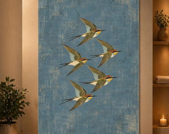 Swallow Wall Art Vintage Flying Bird Poster Blue Nature Print Retro Avian Decor