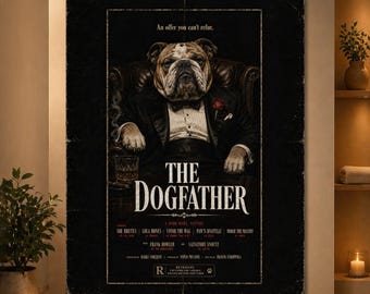 The Dogfather Poster, Funny Bulldog Mafia Movie Poster, Vintage Dog Wall Art, English Bulldog Print, Retro Pet Cinema Decor