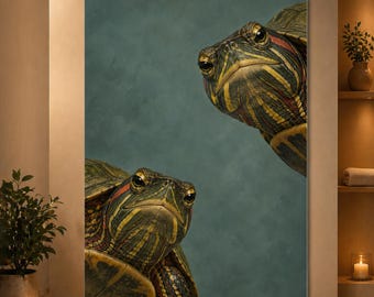 Peeking Turtle Wall Art Funny Animal Portrait Poster Moody Teal Reptile Print