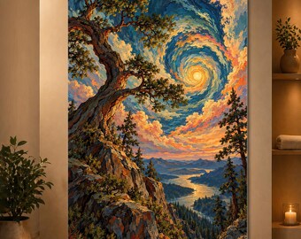 Swirling Sky Forest Wall Art Colorful Mountain Valley Poster Painterly Landscape Print