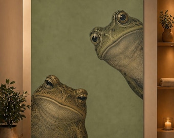Two Curious Frogs Wall Art, Vintage Frog Poster, Funny Animal Print, Moody Nature Decor, Quirky Frog Lover Gift