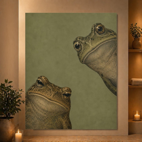 Two Curious Frogs Wall Art, Vintage Frog Poster, Funny Animal Print, Moody Nature Decor, Quirky Frog Lover Gift