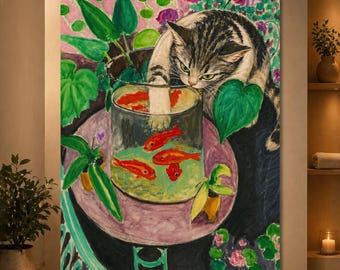 Matisse-Inspired Goldfish Cat Poster | Funny Cat Art Print | Colorful Garden Fish Bowl Wall Art