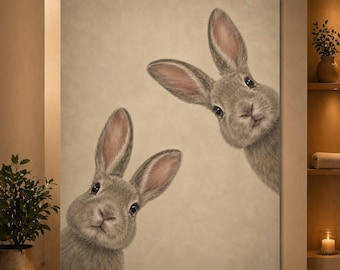Curious Bunny Poster, Two Rabbits Peeking Wall Art, Cute Rabbit Nursery Print, Whimsical Animal Bedroom Decor