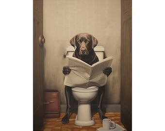 Labrador Retriever, Reading Newspaper, Toilet, Dogs, Chocolate, Lab, Bathroom, Cute, Funny, Wall Poster, Wall Decor, Gift, Poster