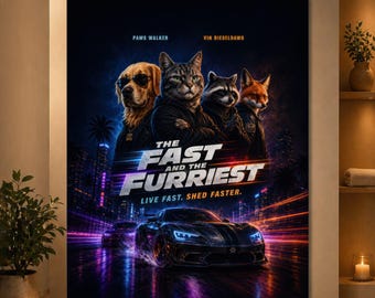 The Fast and the Furriest Funny Animal Racing Poster, Cat Dog Raccoon Fox Movie Parody Wall Art, Neon Car Poster