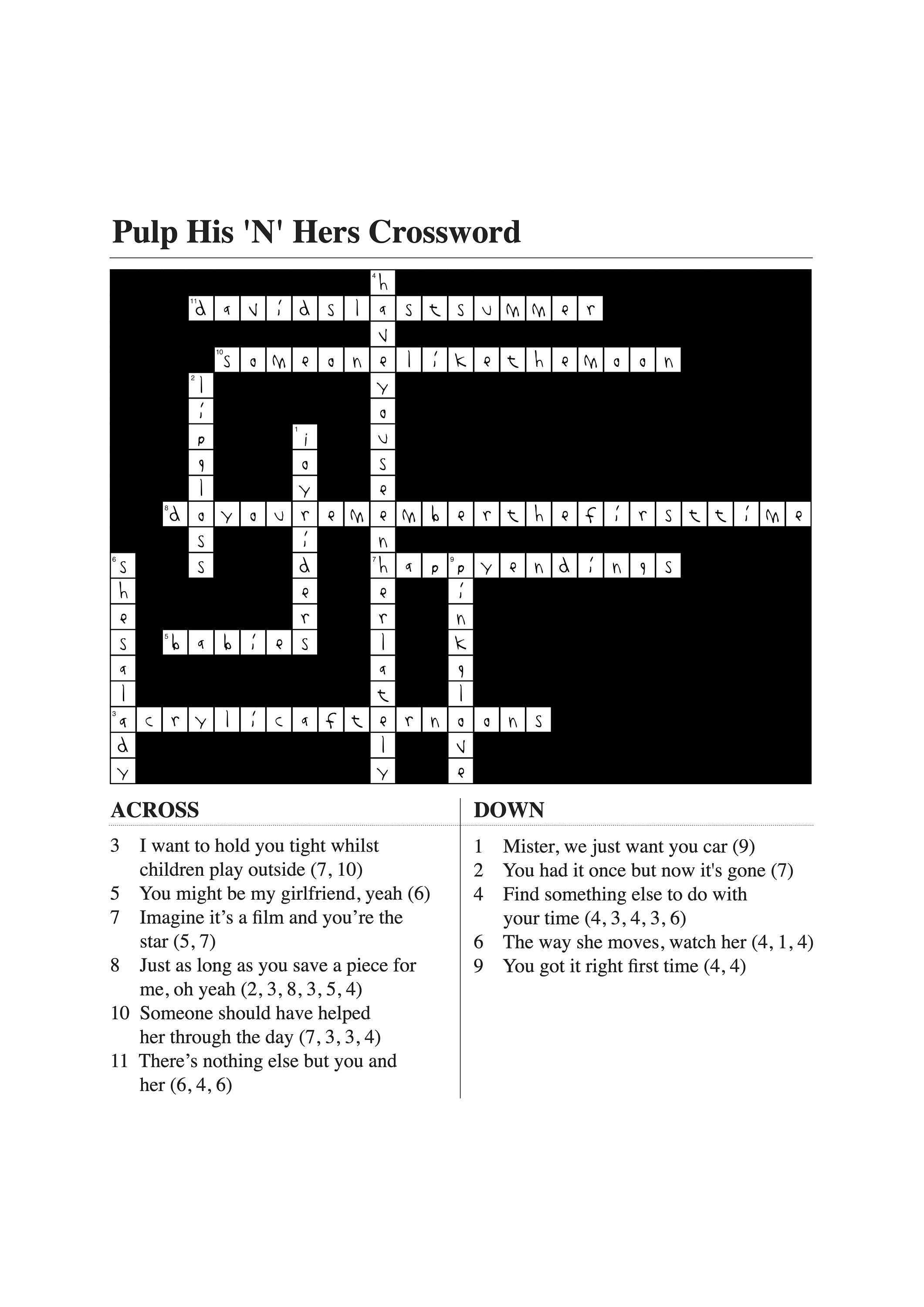 Rock N Roll Crossword A3 Print Inspired by Pulp's 'his - Etsy