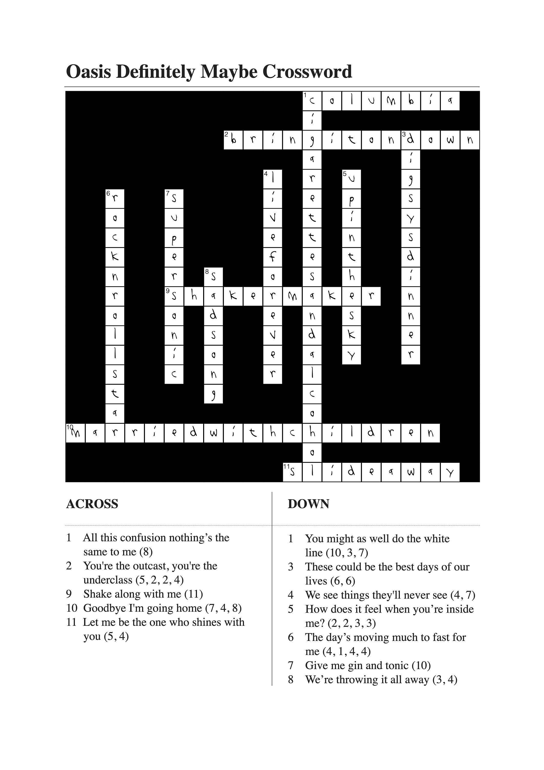 Rock N Roll Crossword A3 Print Inspired by Oasis' Etsy Australia