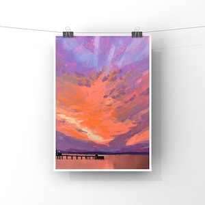 May include: A painting of a sunset over a body of water with a pier in the foreground. The sky is a vibrant orange and pink with streaks of purple and blue. The water is a calm, reflective blue.