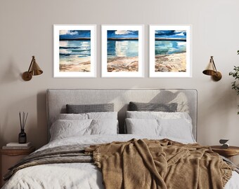 Beach House Decor, Cornwall Art, Cornwall Prints, Blue seascape, painting, set of 3 prints, Beach wall decor, Beach Lover Gift, Set of Three