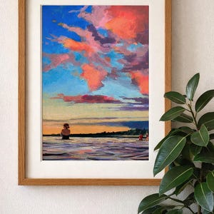 Sunrise Sea Swim Art Print: South Wales Coastal Scene, Sea Swimming gift, Wild Swim Art, Cold Water Dip
