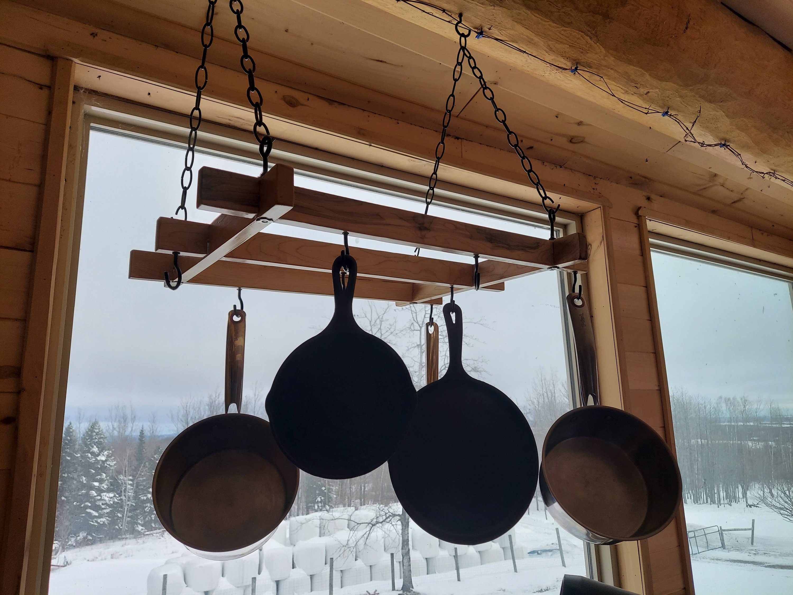 Chain Suspended Farmhouse Hanging Pot Rack Made With Reclaimed