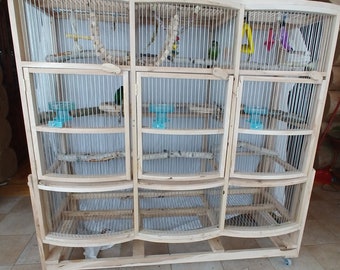handmade parakeet/finch cage, 3 section hardwood and stainless bar with round front