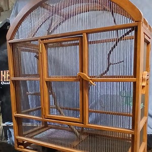 Handmade parakeet/finch cage hardwood and stainless bar with round arched top, stained and 2 coats polyacrylic sealant