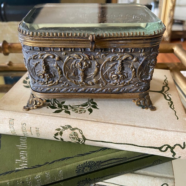 Antique jewelry box. circa 1800s. leaded glass,brass and oh the details. Victorian!