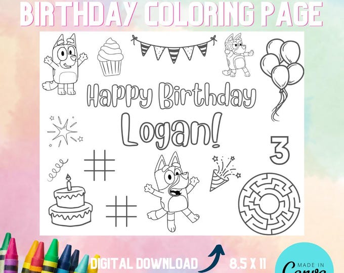 Bluey Themed Birthday Coloring Page Placemat Editable Download - Etsy