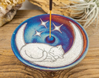 CAT on CRESCENT MOON Stick Incense Holder | Raku Pottery Cat Incense Holder