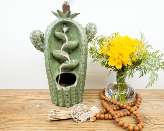 Ceramic Backflow Incense Burner | Green Cactus Backflow Burner | Four Drop Waterfall Incense Burner