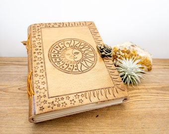 Sun and Moon Celestial Leather JOURNAL | 5x7" Journal with Latch Closure | Embossed Leather