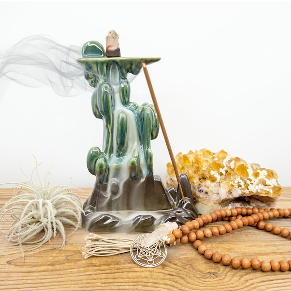 Green MOUNTAIN CLIFF Ceramic Backflow Incense Burner | Waterfall Incense Burner