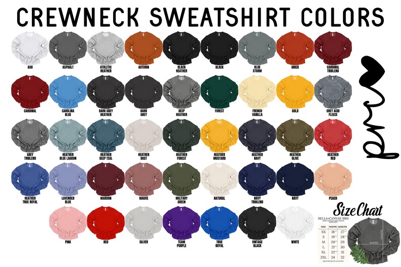 K&ouml;nnte beinhalten: Eine Tabelle mit 40 verschiedenen Farboptionen f&uuml;r Rundhals-Sweatshirts. Die Farben sind in Reihen und Spalten angeordnet, wobei jede Farbe durch einen kleinen Stoffmuster dargestellt wird. Die Tabelle enth&auml;lt auch eine Gr&ouml;&szlig;entabelle mit Ma&szlig;en in Zoll.