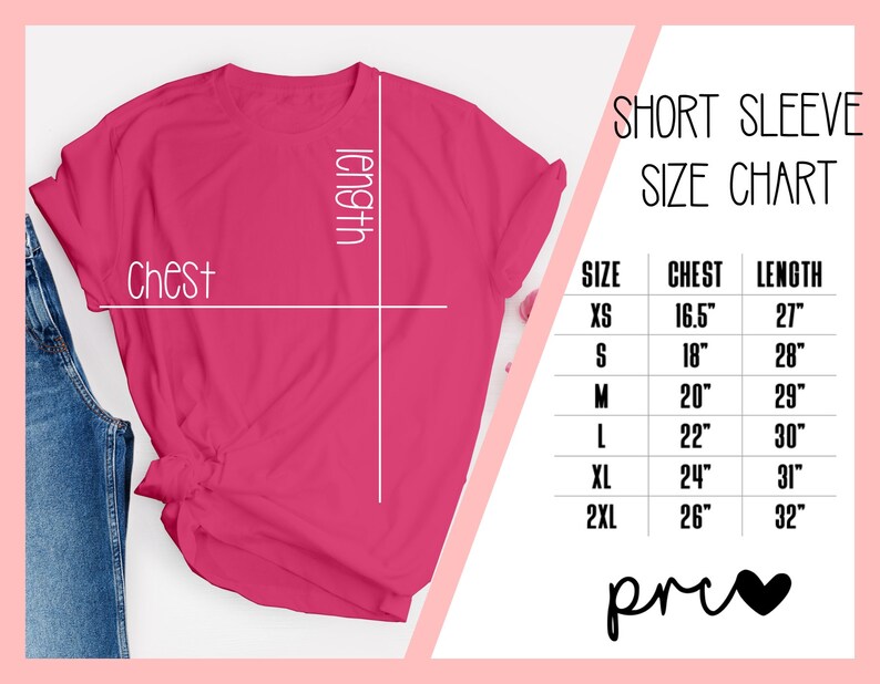 May include: A size chart for short sleeve shirts with measurements in inches for chest and length. Sizes include XS, S, M, L, XL, and 2XL.